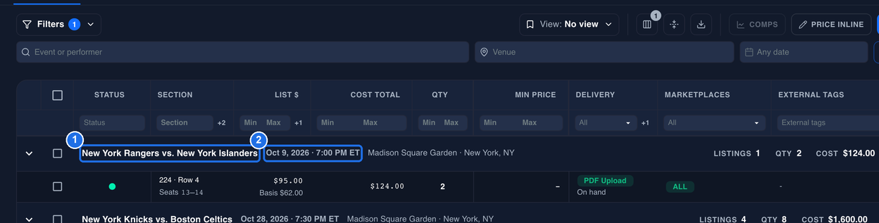 The grid with Past Events on, showing the past New York Rangers vs. New York Islanders event row, with the event name marked 1 and its date, Oct 9, 2026 · 7:00 PM ET, marked 2, above the upcoming New York Knicks vs. Boston Celtics event row