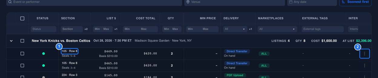 The New York Knicks vs. Boston Celtics event in Inventory, with the 105 · Row 8 listing marked 1 and the three-dot menu at the right end of its row marked 2