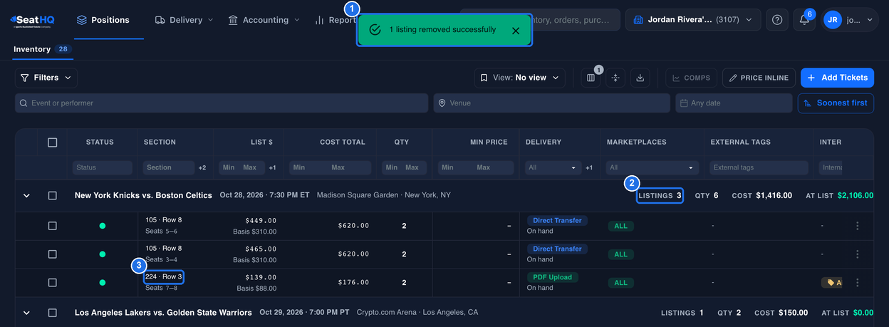 The 1 listing removed successfully message at the top marked 1, LISTINGS 3 on the New York Knicks vs. Boston Celtics event row marked 2, and the remaining 224 · Row 3 listing marked 3