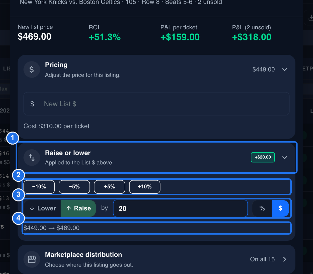 The Raise or lower section open and marked 1, with +$20.00 next to its title; the −10%, −5%, +5% and +10% presets marked 2; Lower and Raise with Raise selected, 20 in the amount box and $ selected marked 3; and the line $449.00 → $469.00 marked 4. New List $ above is empty and the summary at the top shows New list price $469.00
