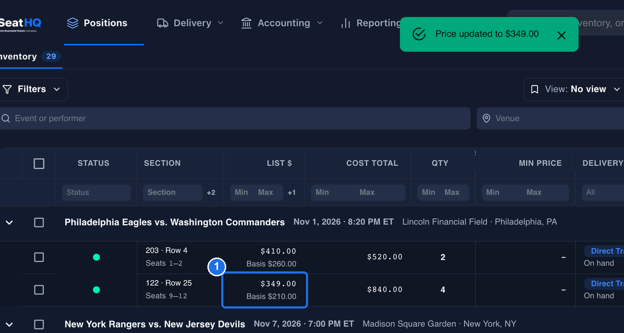 The Inventory page after saving, with the Price updated to $349.00 message at the top and the LIST $ cell of the 122 · Row 25 listing showing $349.00 above Basis $210.00, marked 1. The other prices show as plain text again
