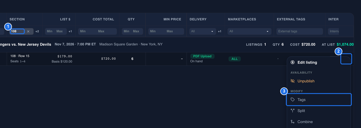 The Inventory grid filtered to section 108 with the Section filter marked 1, the three-dot menu of the 108 · Row 15, Seats 1–6 listing under New York Rangers vs. New Jersey Devils marked 2, and Tags under MODIFY in the open menu marked 3