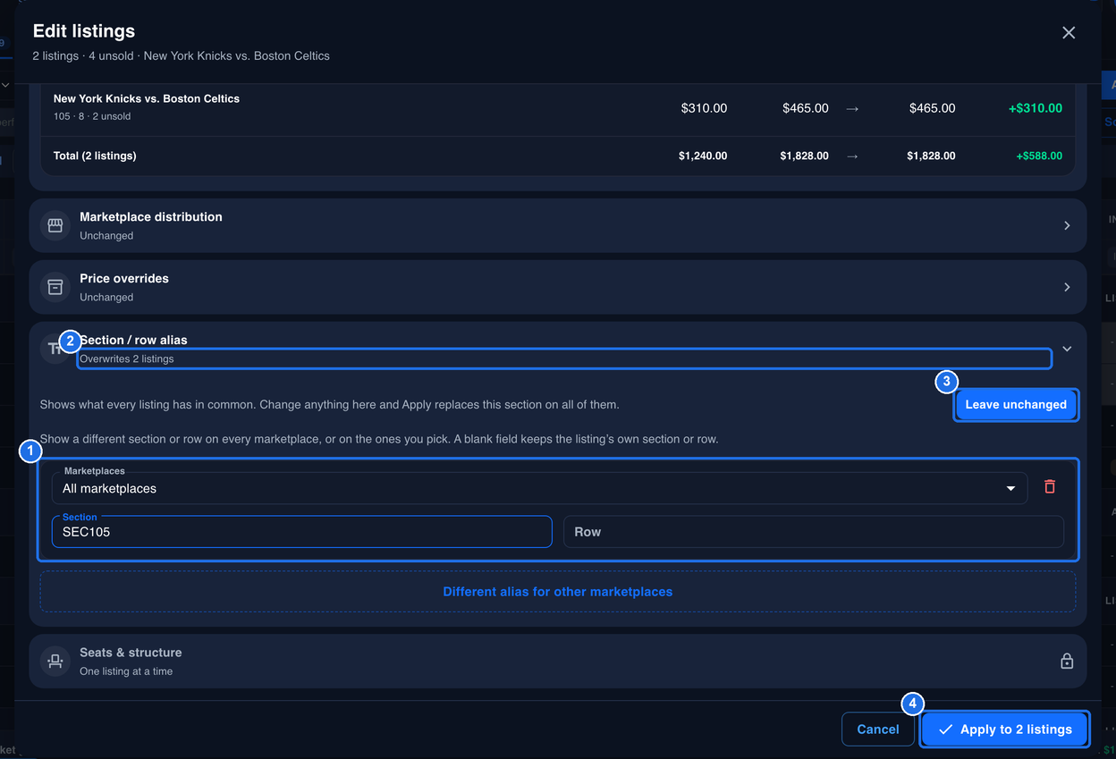 The Edit listings window for 2 listings of New York Knicks vs. Boston Celtics, with a rule for All marketplaces with SEC105 in the Section box marked 1, Overwrites 2 listings under Section / row alias marked 2, the Leave unchanged button marked 3 and the Apply to 2 listings button marked 4. Above, Marketplace distribution and Price overrides read Unchanged, and below, Seats & structure reads One listing at a time
