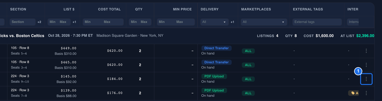 The Inventory table under the New York Knicks vs. Boston Celtics event, with the three-dot menu button at the right end of the unpublished 224 · Row 3, Seats 9–10 listing marked 1