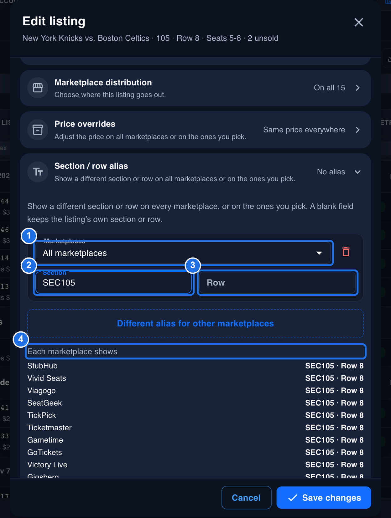 The open Section / row alias section with one rule: its Marketplaces box reading All marketplaces marked 1, SEC105 typed in the Section box marked 2 and the empty Row box marked 3. The Each marketplace shows heading is marked 4, with SEC105 · Row 8 next to StubHub, Vivid Seats, Viagogo, SeatGeek, TickPick, Ticketmaster, Gametime, GoTickets and Victory Live