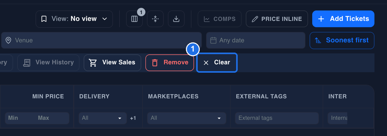 The right end of the bulk bar, under the toolbar and the event filters, with the Clear button marked 1 next to Remove