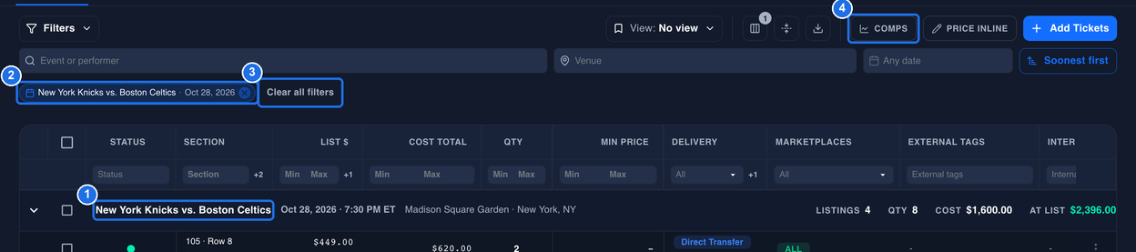 Inventory showing only New York Knicks vs. Boston Celtics, with the event name on the event row marked 1, the event chip with Oct 28, 2026 under the event filters marked 2, Clear all filters marked 3 and the COMPS button in the toolbar marked 4