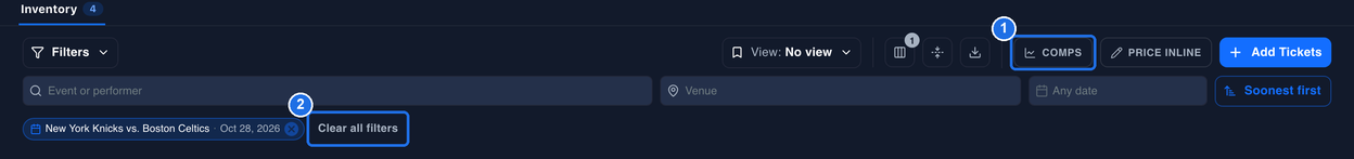 The COMPS button turned off with no Markets button next to it, marked 1, and Clear all filters next to the New York Knicks vs. Boston Celtics chip, marked 2