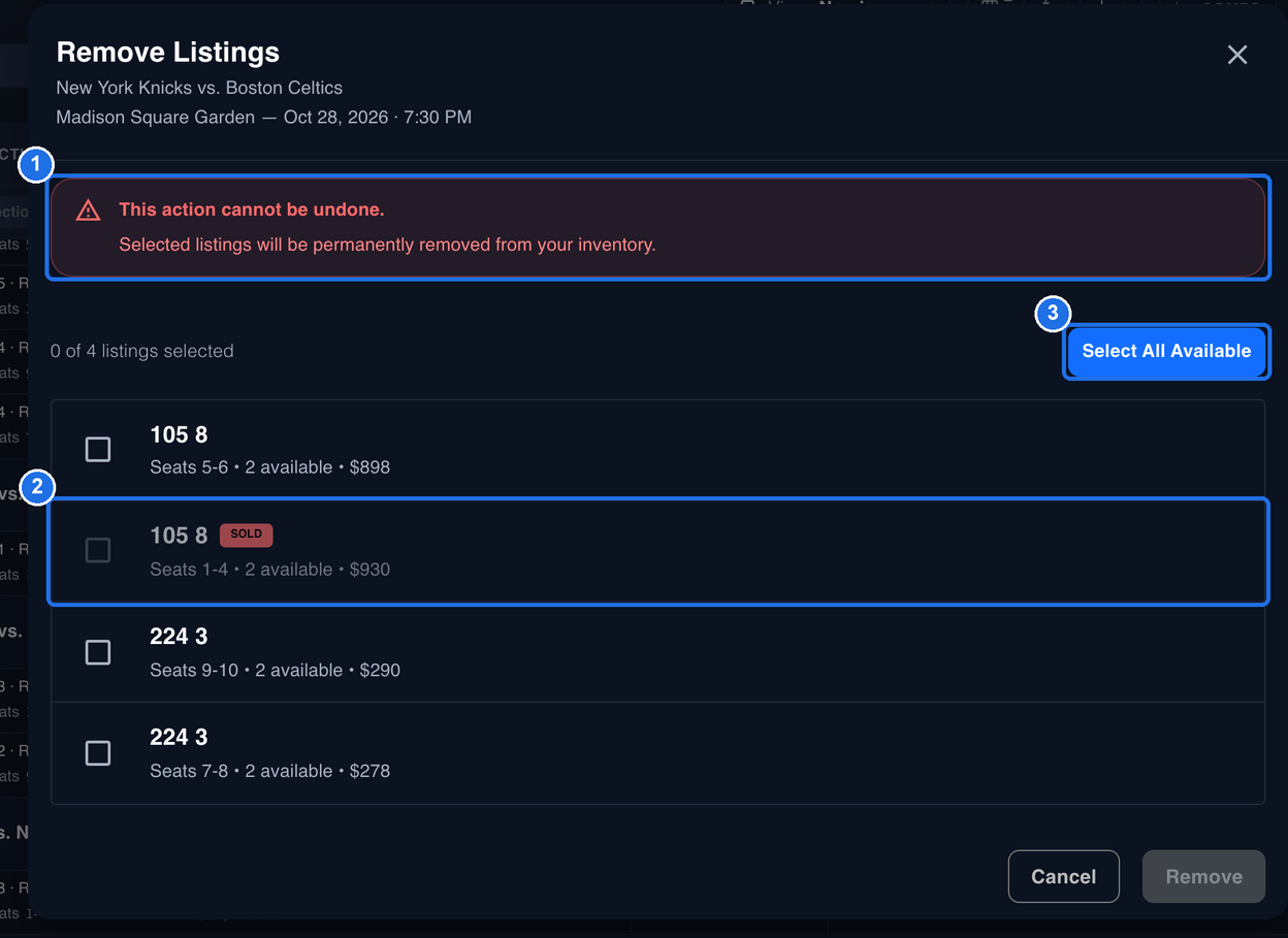 The Remove Listings window for New York Knicks vs. Boston Celtics, with the warning This action cannot be undone. Selected listings will be permanently removed from your inventory. marked 1, a greyed-out 105 8 listing labelled SOLD marked 2, and the Select All Available button marked 3, to the right of 0 of 4 listings selected