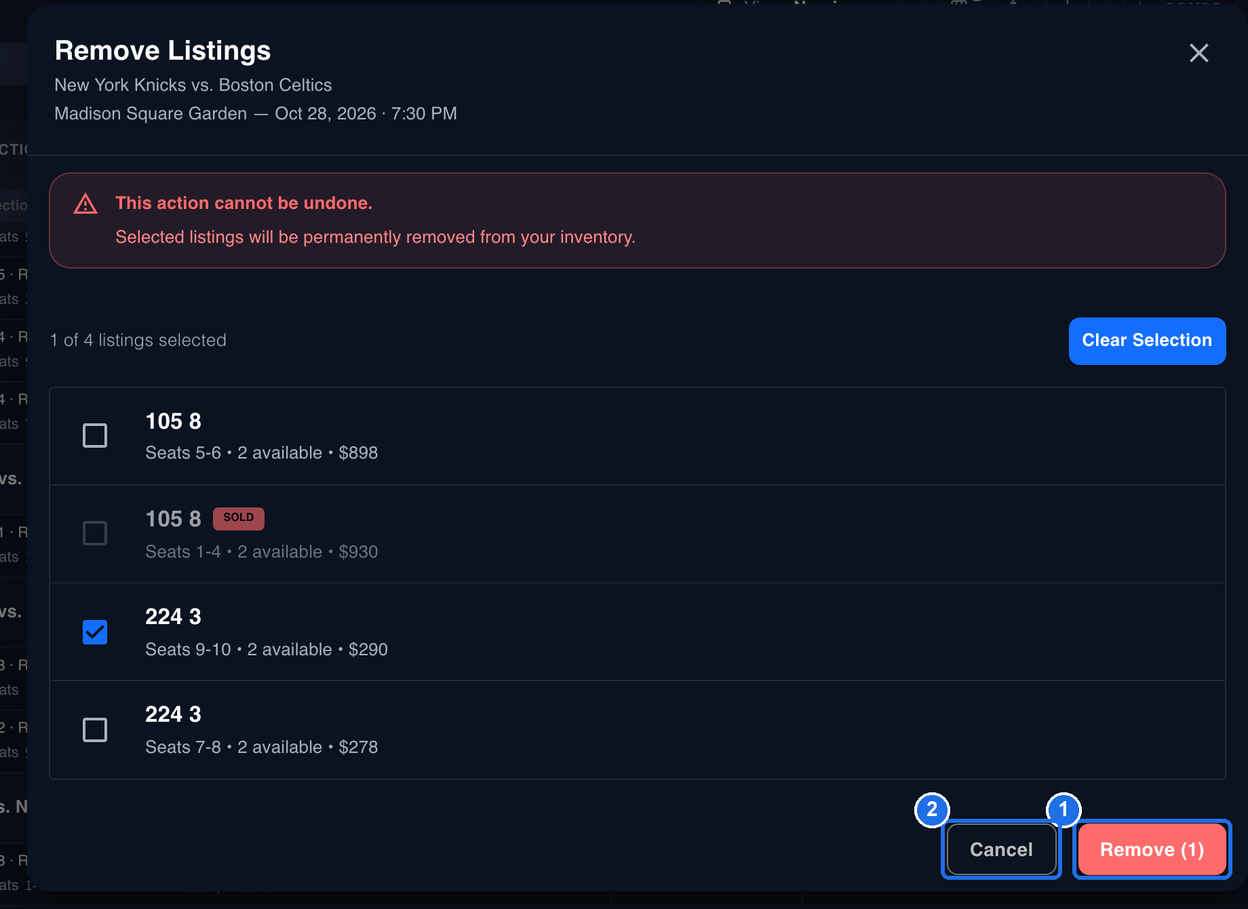 The bottom of the Remove Listings window, with the Remove (1) button marked 1 and the Cancel button marked 2