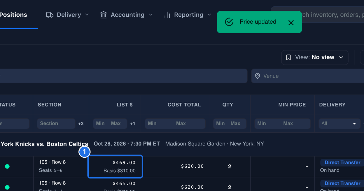 The Inventory page with the Price updated message at the top, and the LIST $ cell of the 105 · Row 8, Seats 5–6 listing showing $469.00 above Basis $310.00, marked 1