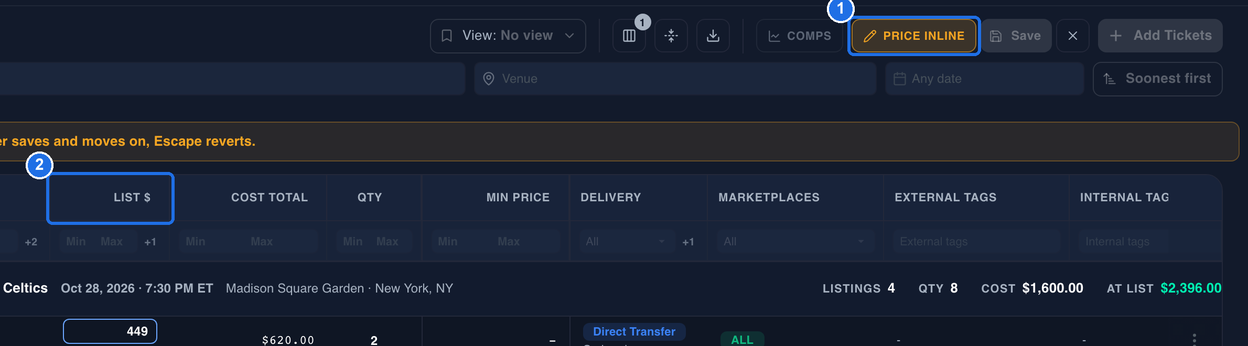The Inventory toolbar with PRICE INLINE turned on in amber marked 1, next to COMPS, a greyed-out Save button, an ✕ button and a greyed-out Add Tickets button. Below the yellow shortcuts banner, the LIST $ column header is marked 2, and the first price in that column, 449, is shown in a box