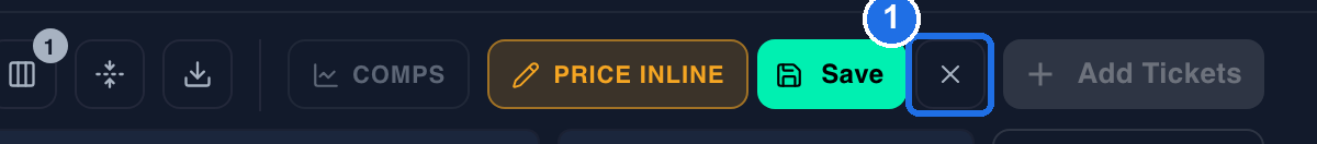 The toolbar in PRICE INLINE mode with a pending change, showing PRICE INLINE, the green Save button, and the ✕ next to it marked 1