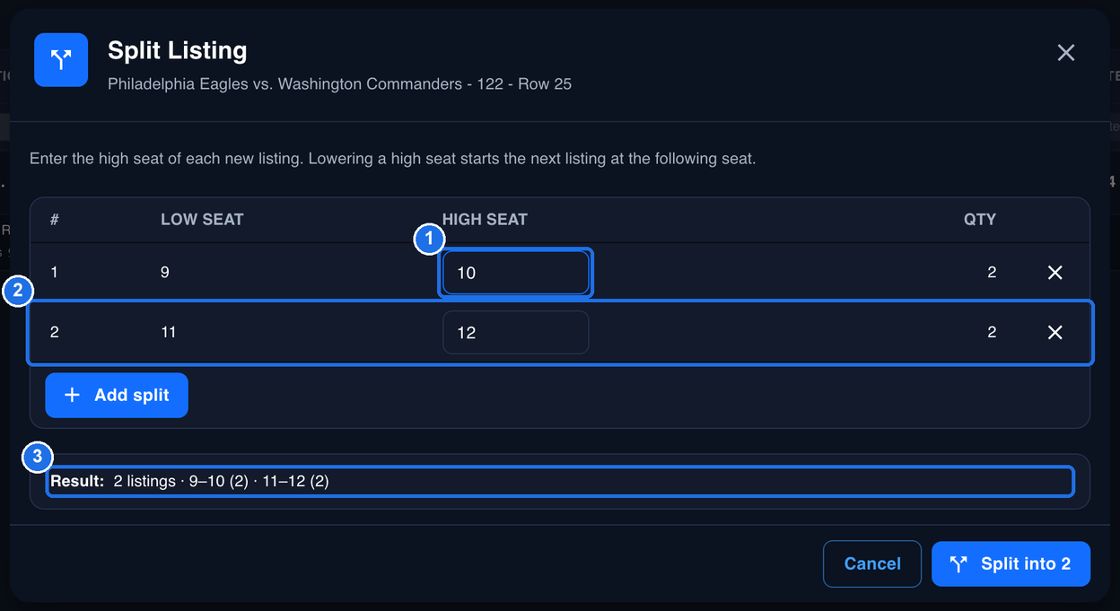 The Split Listing window for Philadelphia Eagles vs. Washington Commanders - 122 - Row 25. The HIGH SEAT box of row 1 shows 10 and is marked 1, row 2 with LOW SEAT 11, HIGH SEAT 12 and QTY 2 is marked 2, and the line Result: 2 listings · 9–10 (2) · 11–12 (2) is marked 3