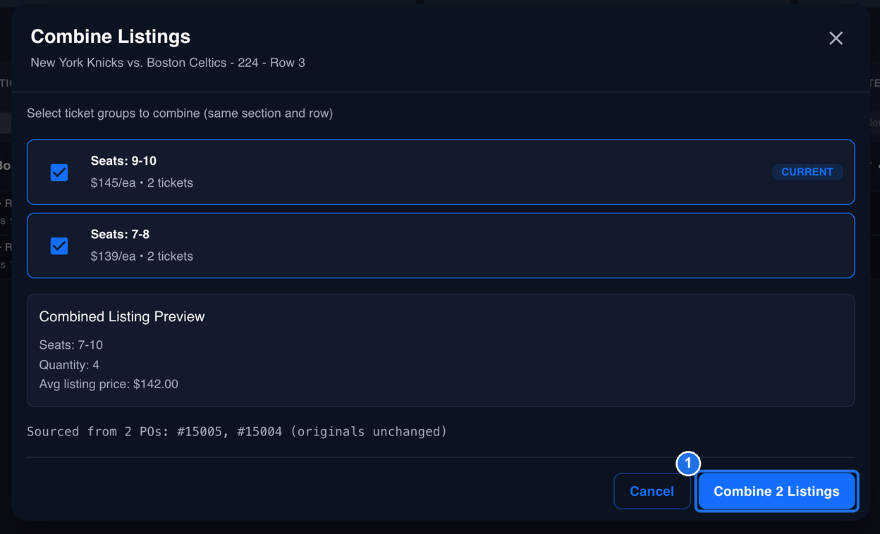 The Combine Listings window with both listings ticked and the Combine 2 Listings button marked 1, next to Cancel