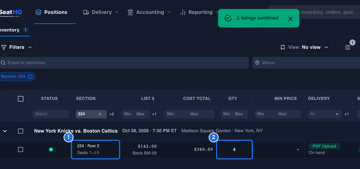 The Inventory page with the 2 listings combined message at the top and the Section: 224 filter chip, showing one listing under New York Knicks vs. Boston Celtics: 224 · Row 3, Seats 7–10 in the SECTION column marked 1, listed at $142.00 with Basis $90.00, and QTY 4 marked 2