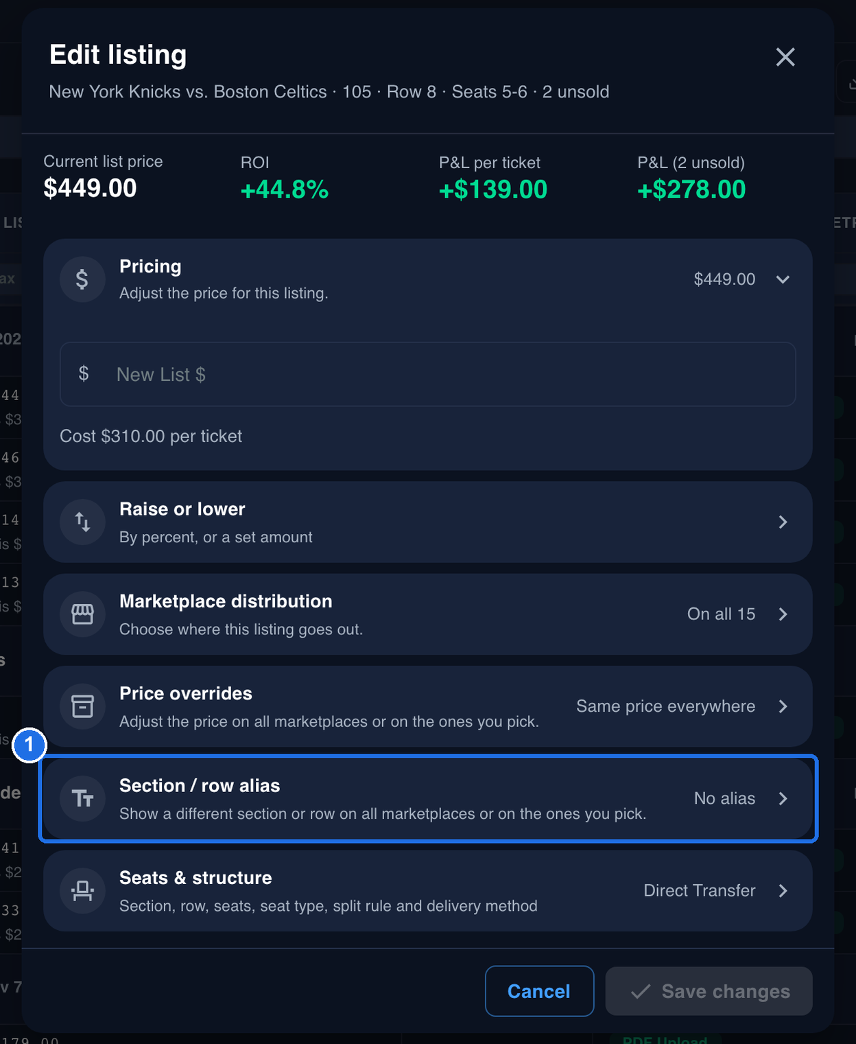 The Edit listing window for New York Knicks vs. Boston Celtics, 105, Row 8, Seats 5-6, with the Section / row alias section, which reads No alias, marked 1 below the Pricing, Raise or lower, Marketplace distribution and Price overrides sections