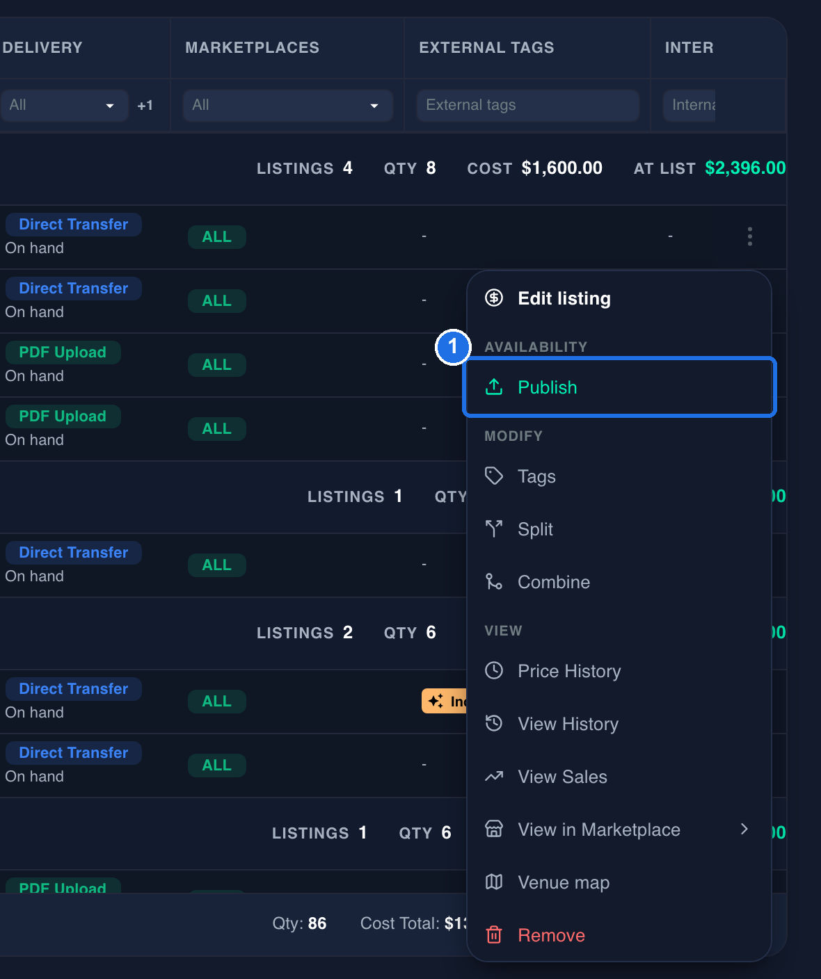 The listing's menu open, with Publish under AVAILABILITY marked 1, above the MODIFY and VIEW options