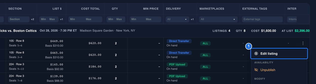 The listing's menu open, with Edit listing at the top marked 1