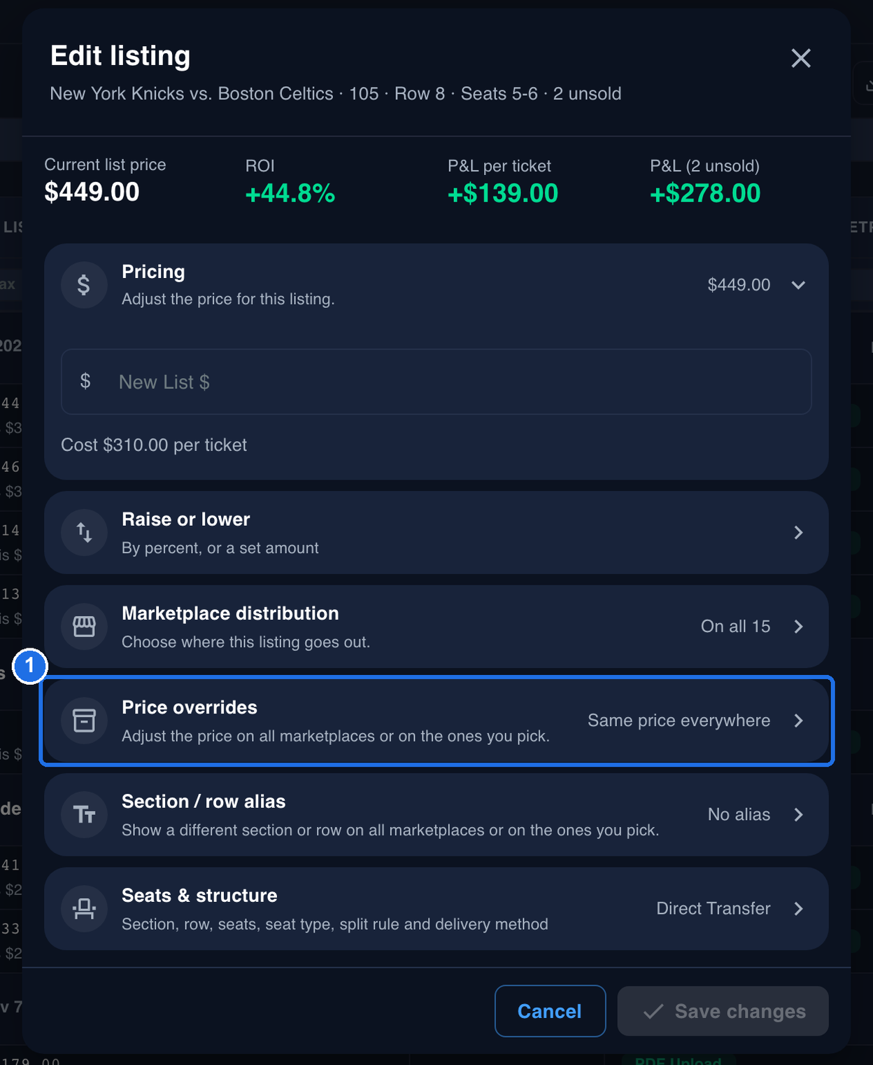 The Edit listing window for New York Knicks vs. Boston Celtics, 105, Row 8, Seats 5-6, with a current list price of $449.00, and the Price overrides section, which reads Same price everywhere, marked 1