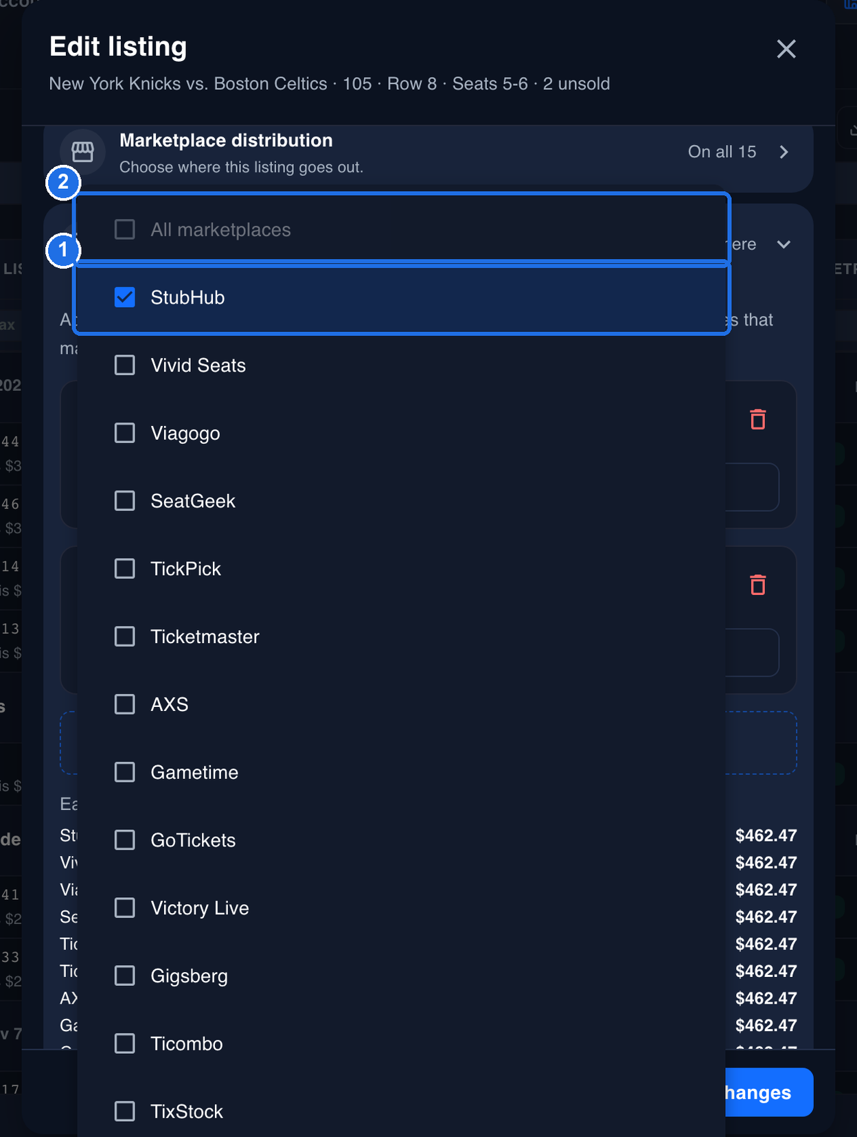 The Marketplaces list of the new rule, open over the Edit listing window, with StubHub ticked marked 1 and the greyed-out All marketplaces option at the top marked 2. The other marketplaces in the list are Vivid Seats, Viagogo, SeatGeek, TickPick, Ticketmaster, AXS, Gametime, GoTickets, Victory Live, Gigsberg, Ticombo and TixStock