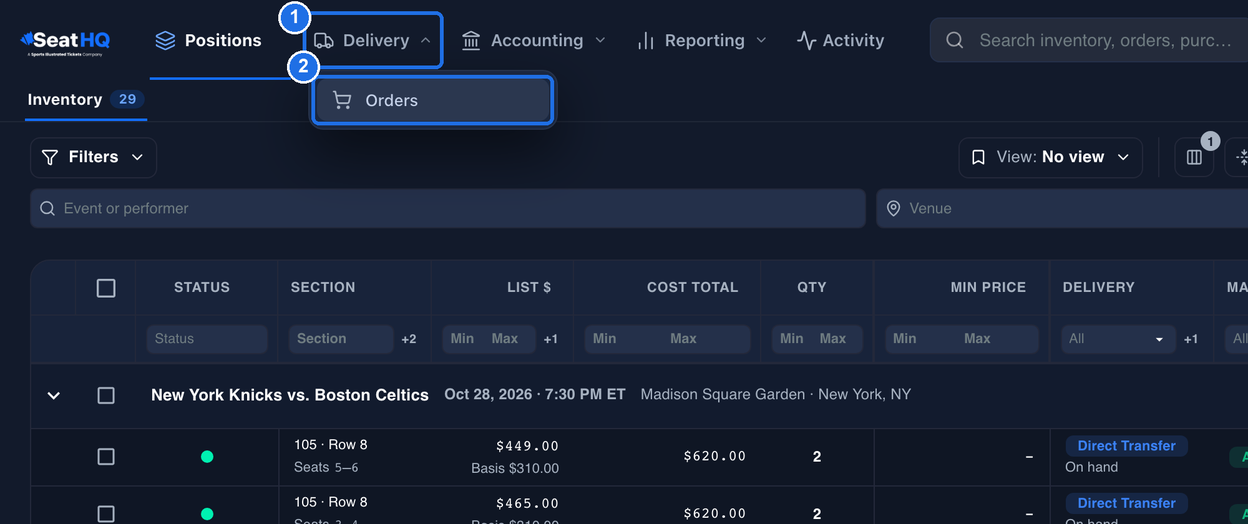 The Delivery menu open in the top menu, marked 1, with Orders marked 2