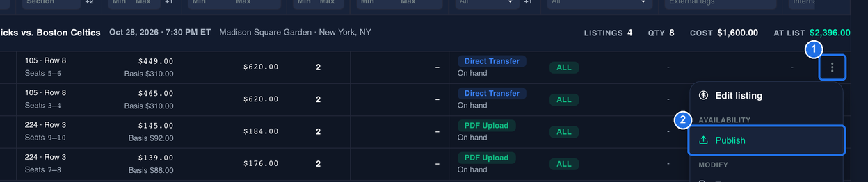 The three-dot menu of the unpublished 105 · Row 8 listing marked 1, with Publish under AVAILABILITY marked 2