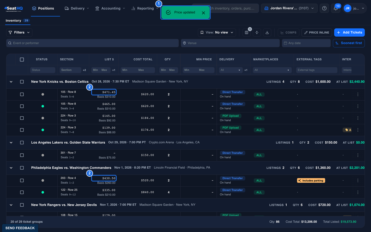 The Price updated message at the top marked 1, and the new LIST $ prices $471.45 and $430.50 each marked 2