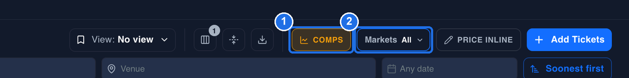 The amber COMPS button in the toolbar marked 1, and the Markets button showing All next to it marked 2