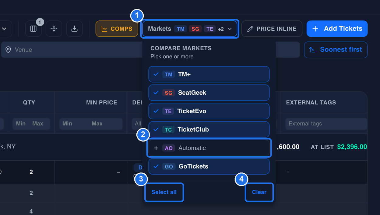 The Markets button showing TM, SG, TE and +2 marked 1, with the COMPARE MARKETS list open below it: TM+, SeatGeek, TicketEvo, TicketClub and GoTickets ticked, Automatic not ticked and marked 2, and the Select all button marked 3 and the Clear button marked 4 at the bottom of the list