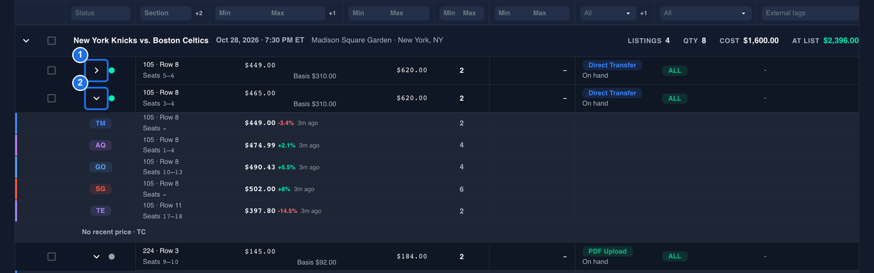 The first 105 · Row 8 listing at $449.00 with its arrow folded and no competitor rows, marked 1, and the second 105 · Row 8 listing at $465.00 with its arrow open, marked 2, with its TM, AQ, GO, SG and TE rows and No recent price · TC still showing