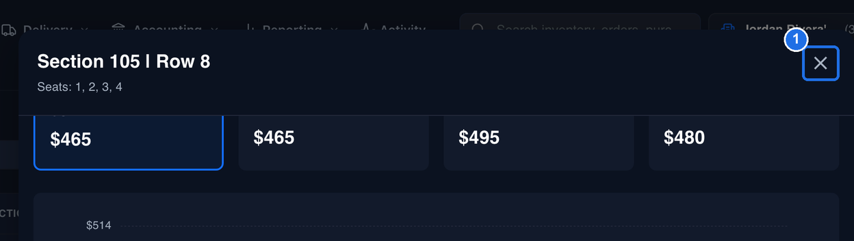 The top of the Price History window, with the close button at the top right marked 1
