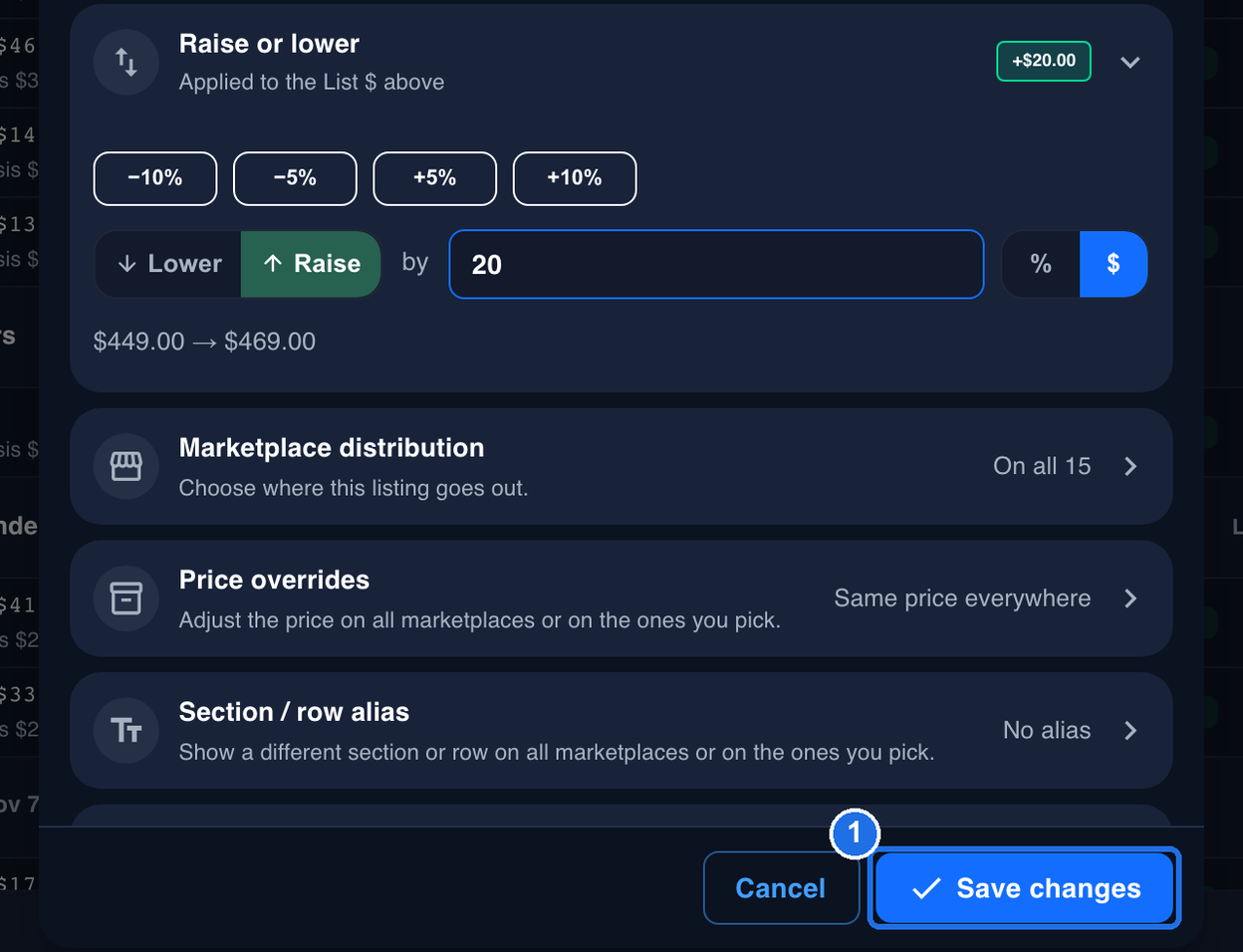 The bottom of the Edit listing window, with Save changes marked 1 next to Cancel
