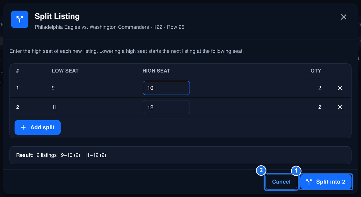 The Split Listing window with the rows 9–10 and 11–12, the Split into 2 button marked 1 and the Cancel button marked 2