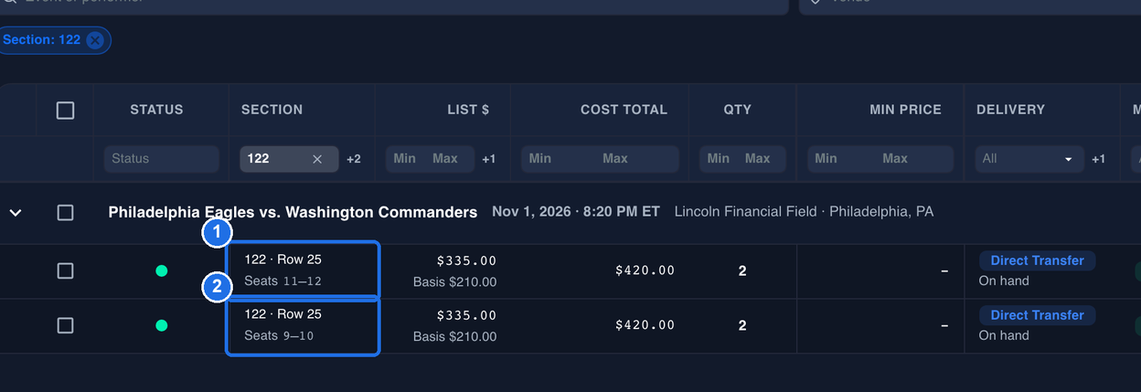The Inventory grid filtered to section 122, with the Section: 122 filter chip at the top, showing two listings in the SECTION column: 122 · Row 25, Seats 11–12 marked 1 and 122 · Row 25, Seats 9–10 marked 2, each listed at $335.00 with Basis $210.00 and QTY 2