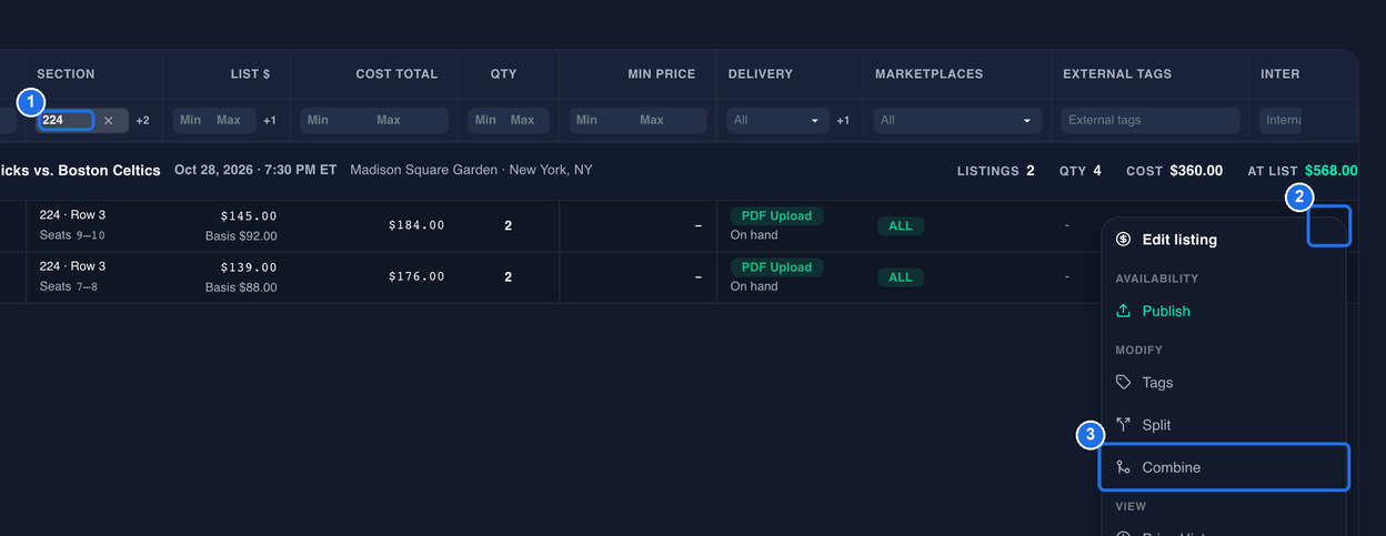 The Inventory grid filtered to section 224 with the Section filter marked 1, showing two listings under New York Knicks vs. Boston Celtics: 224 · Row 3, Seats 9–10 and 224 · Row 3, Seats 7–8. The three-dot menu of the Seats 9–10 listing is marked 2, and Combine under MODIFY in the open menu is marked 3