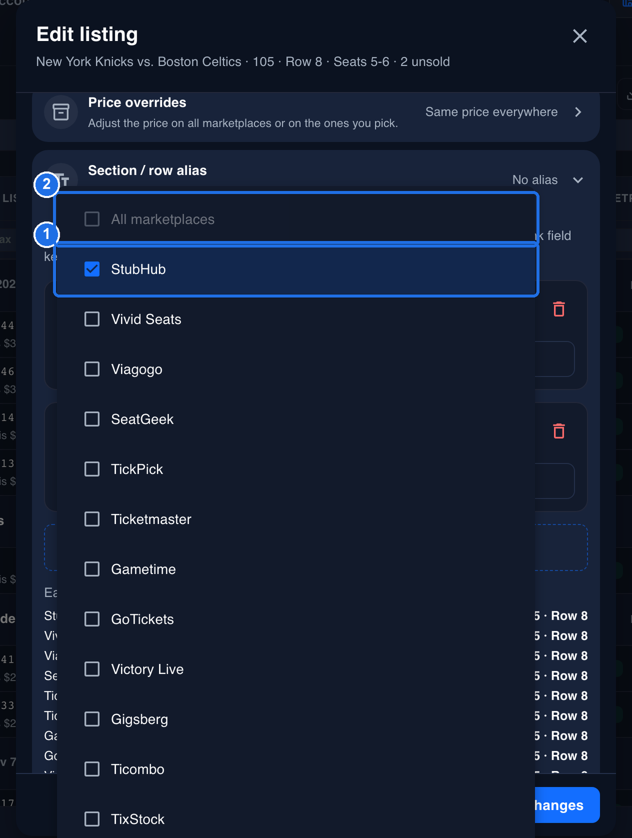 The Marketplaces list of the new rule, open over the Edit listing window, with StubHub ticked marked 1 and the greyed-out All marketplaces option at the top marked 2. The other marketplaces in the list are Vivid Seats, Viagogo, SeatGeek, TickPick, Ticketmaster, Gametime, GoTickets, Victory Live, Gigsberg, Ticombo and TixStock