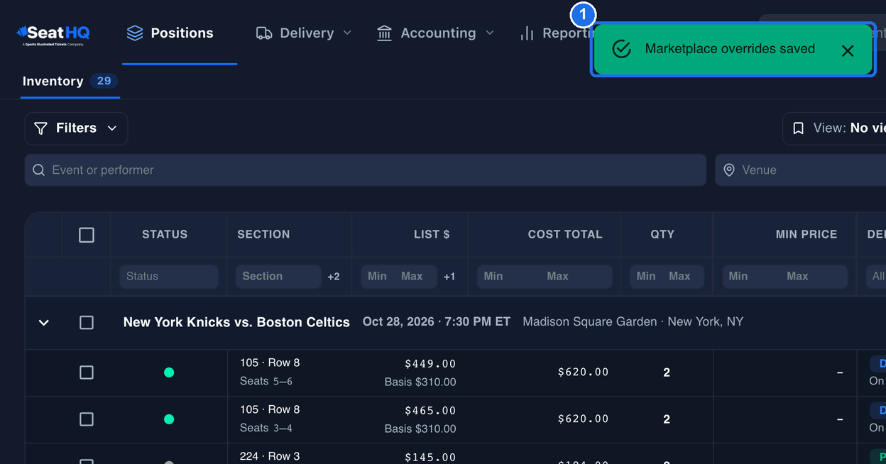 The Inventory page with the green Marketplace overrides saved message at the top marked 1