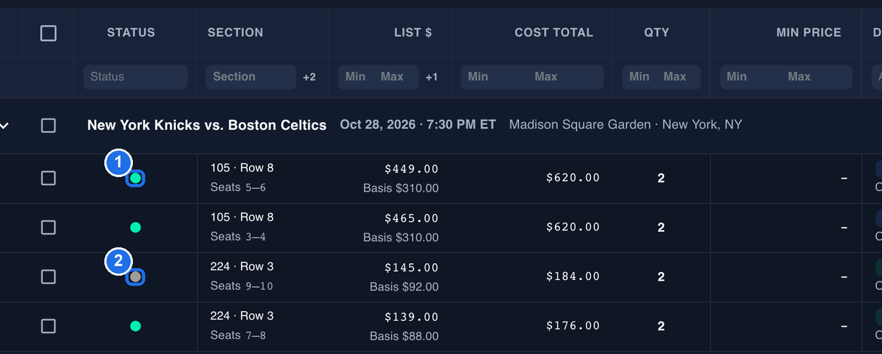The Inventory table under the New York Knicks vs. Boston Celtics event, with the STATUS column showing a green dot on the 105 · Row 8, Seats 5–6 listing marked 1 and a grey dot on the 224 · Row 3, Seats 9–10 listing marked 2