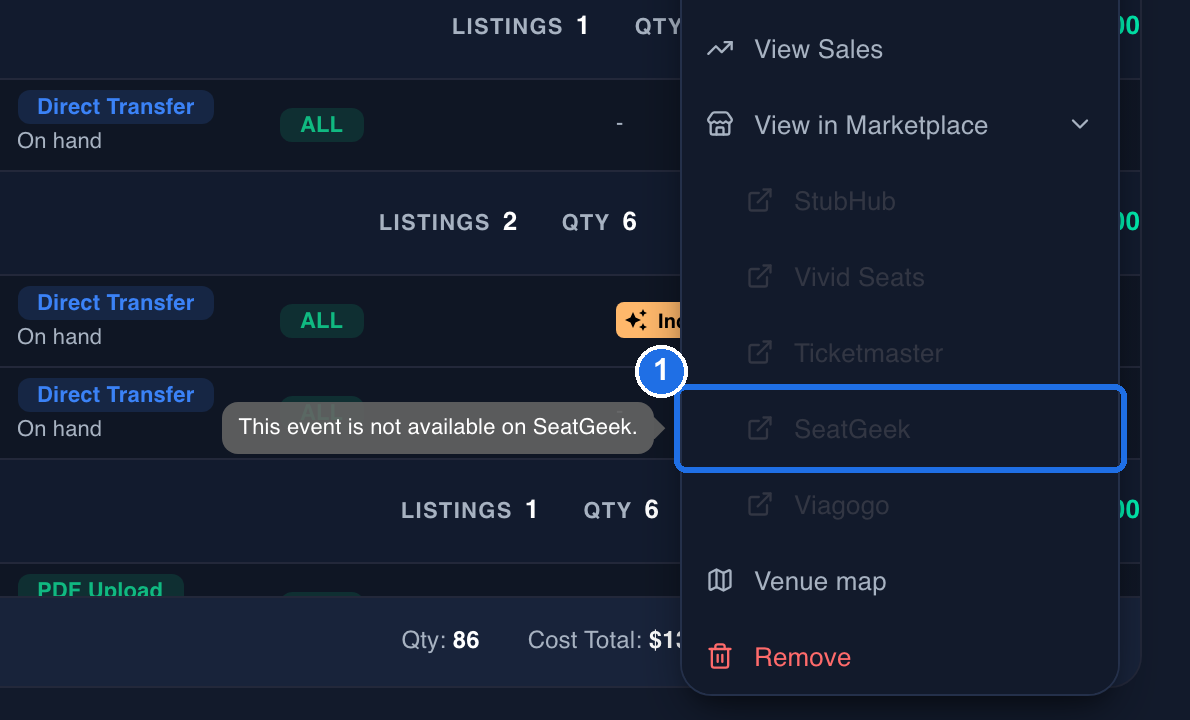 The View in Marketplace list with every name greyed out, SeatGeek marked 1 and its tooltip reading This event is not available on SeatGeek.