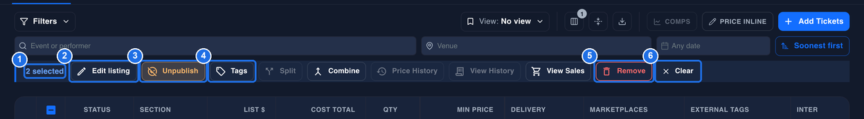 The bulk bar, with 2 selected marked 1, Edit listing marked 2, Unpublish marked 3, Tags marked 4, Remove marked 5 and Clear marked 6, and Combine, View Sales and the greyed-out Split, Price History and View History buttons in between