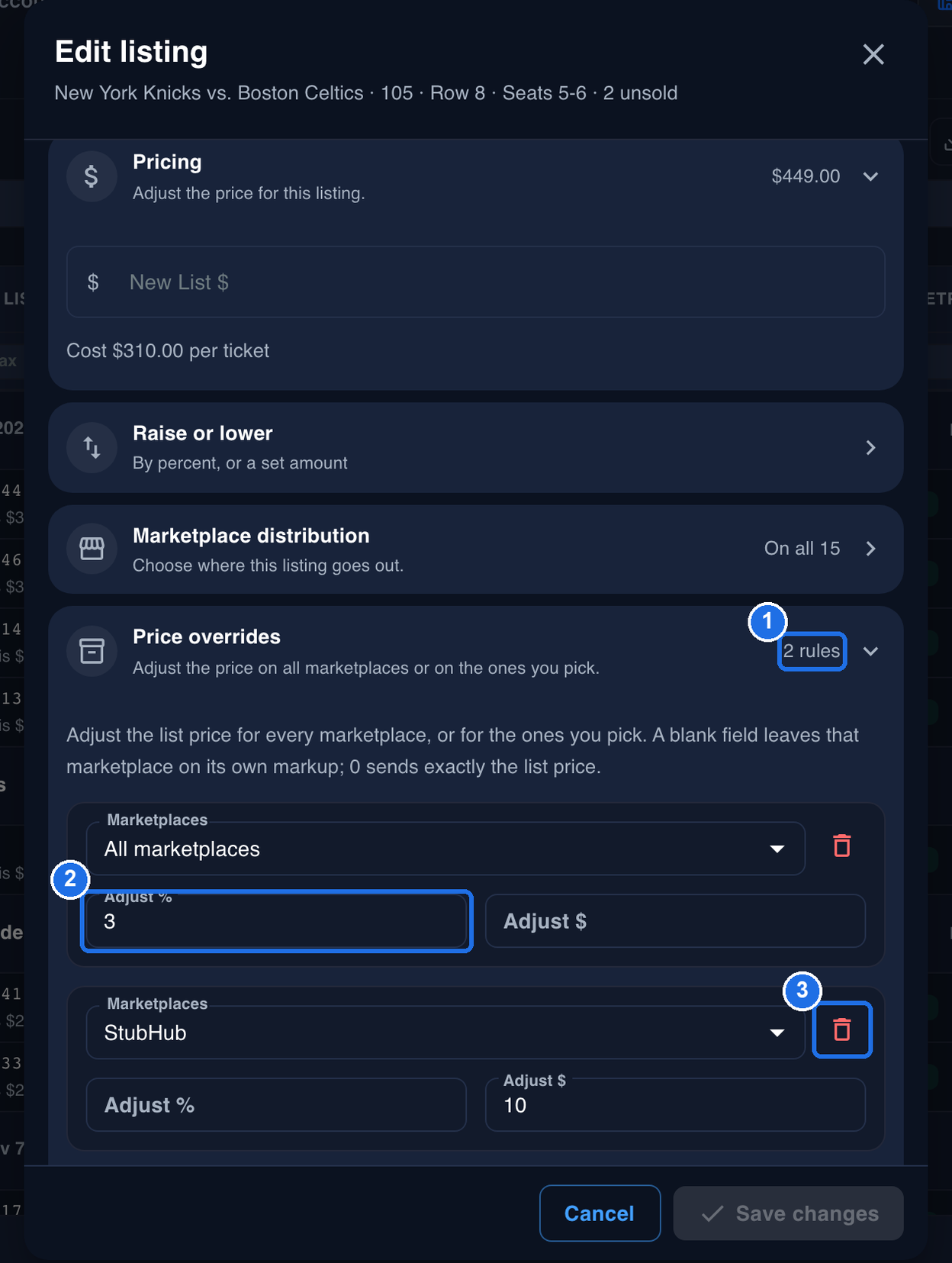 Edit listing opened again, with 2 rules next to Price overrides marked 1, the saved 3 in the Adjust % box of the All marketplaces rule marked 2, and the red bin of the StubHub rule, which has Adjust $ 10, marked 3