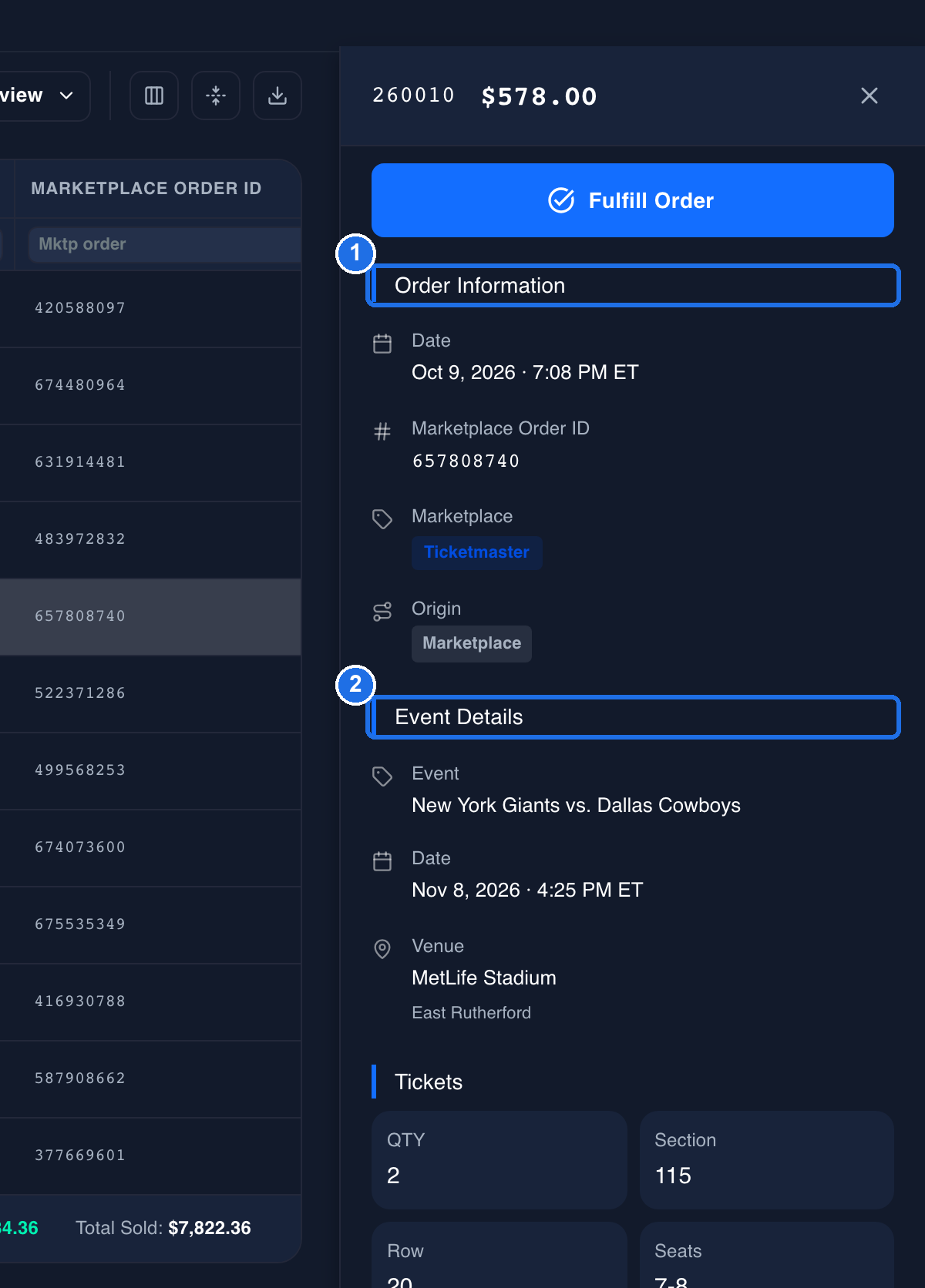 The panel scrolled down, with Order Information marked 1 showing the date, Marketplace Order ID, marketplace and origin, and Event Details marked 2 showing the event, date and venue