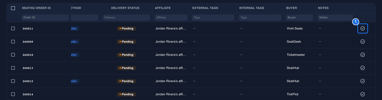 The far right of the Orders list. Each order has a check-mark Fulfill Order button, and the button on the first order is marked 1