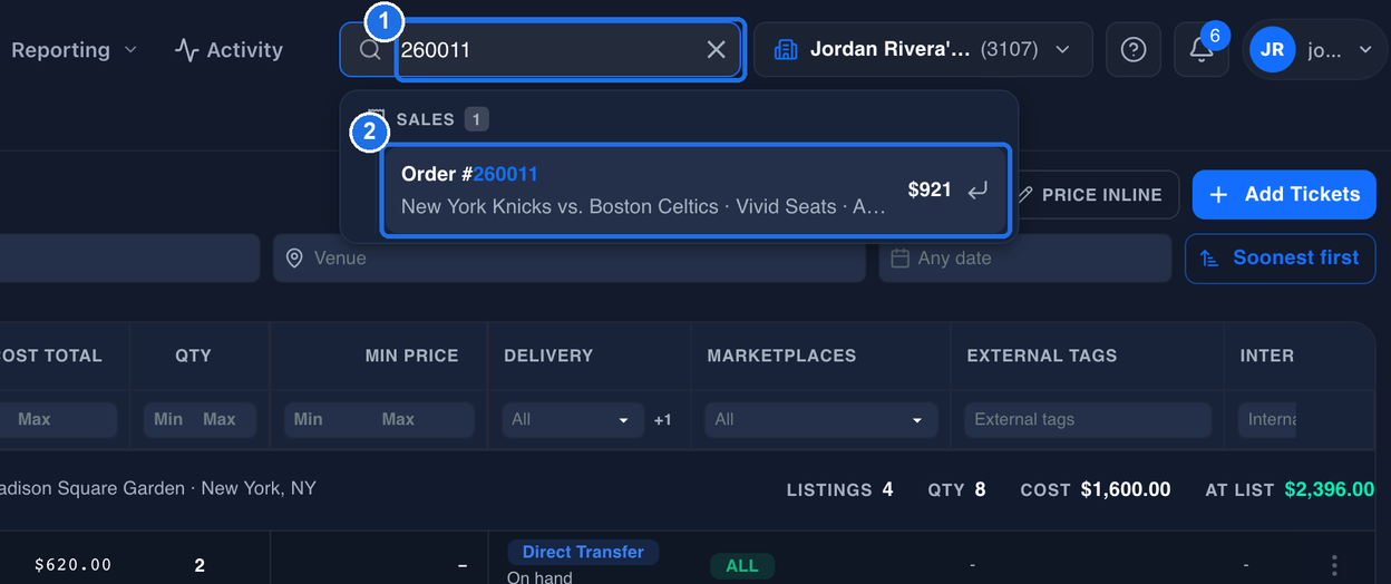 The search bar with 260011 typed in, marked 1, and the matching order under SALES, Order #260011, New York Knicks vs. Boston Celtics, Vivid Seats, $921, marked 2