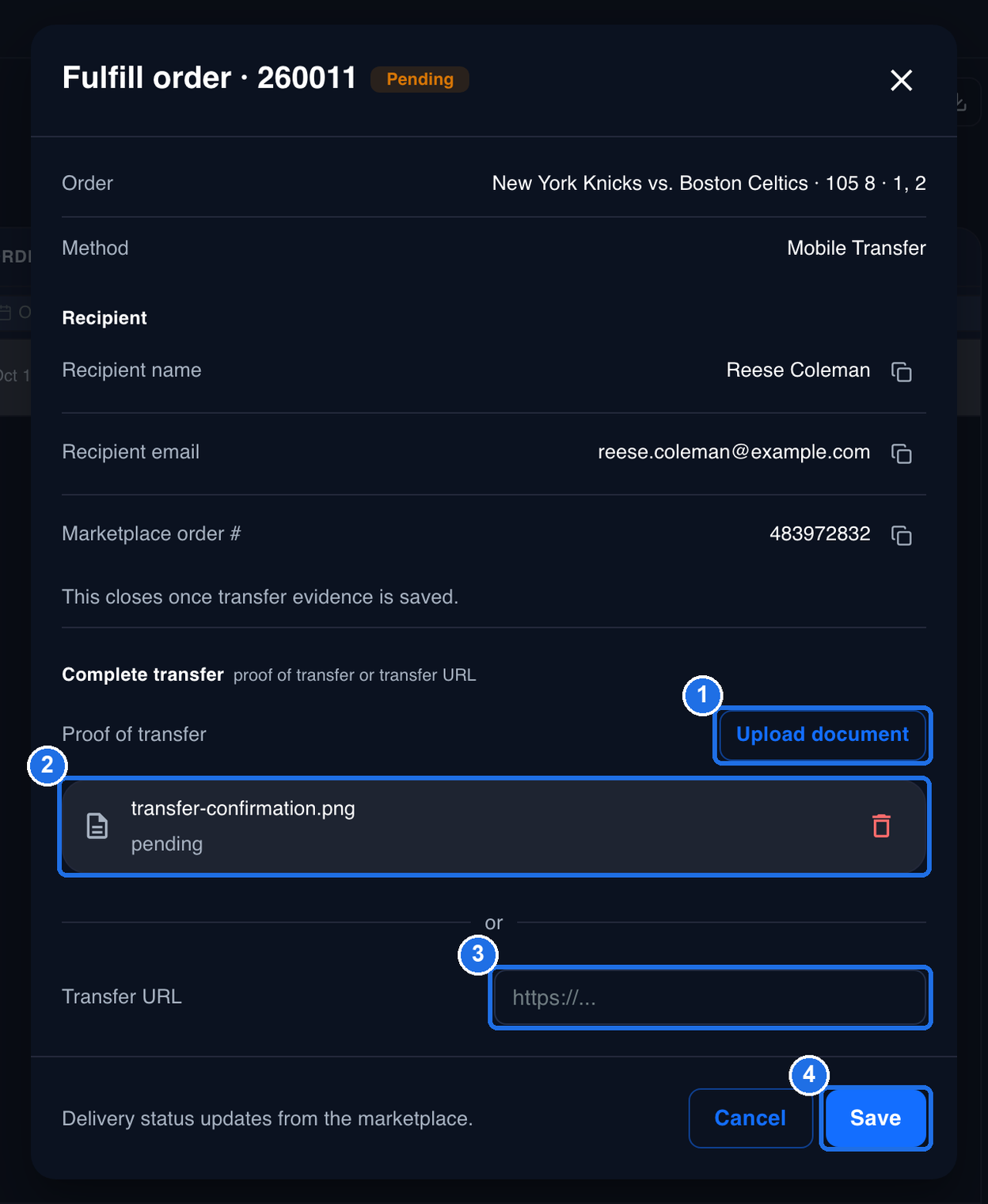 The Complete transfer section with the Upload document button, marked 1, the uploaded file transfer-confirmation.png showing pending, marked 2, the empty Transfer URL box, marked 3, and the Save button, marked 4