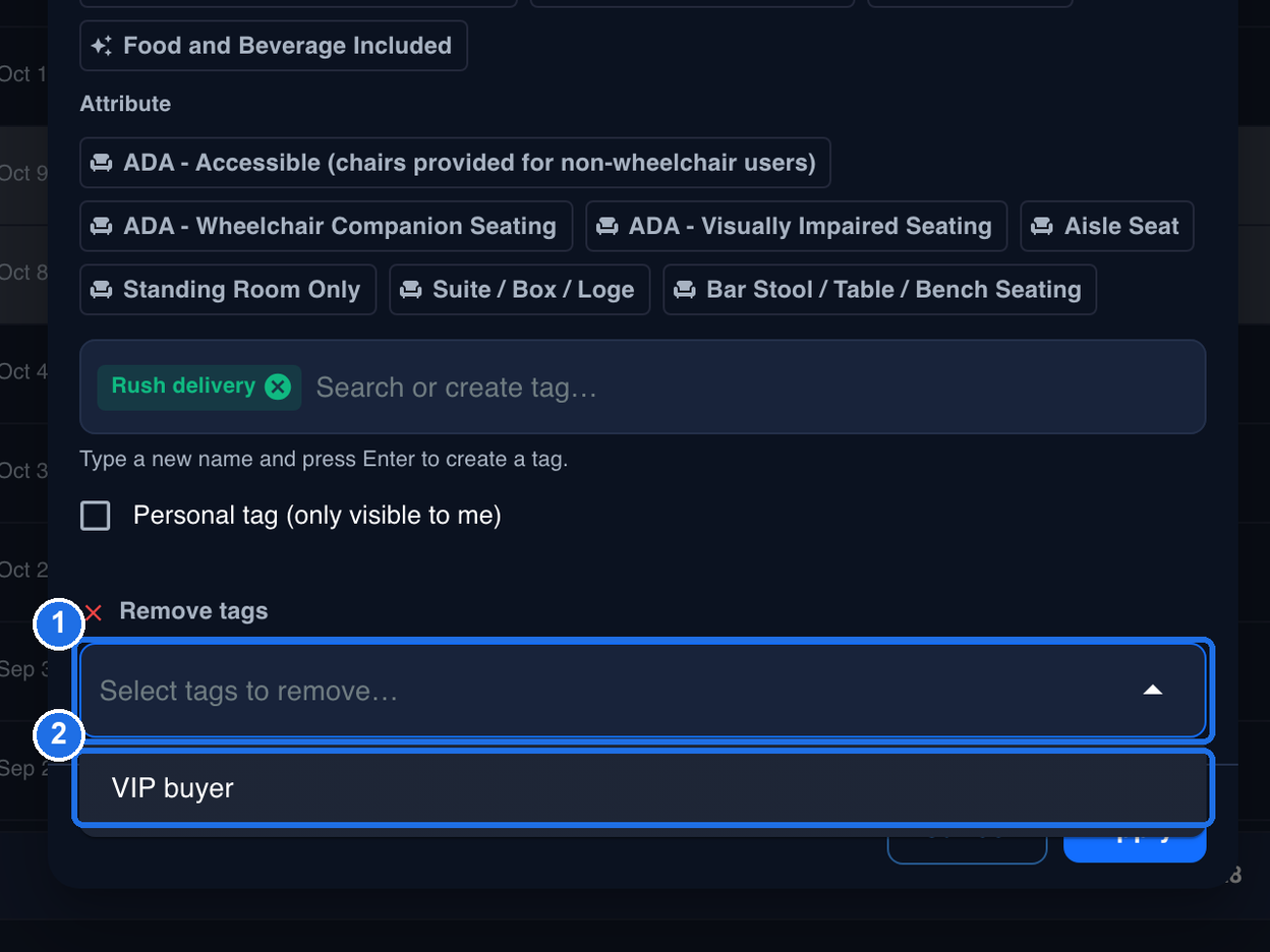 The Remove tags box, Select tags to remove, marked 1 and open to show the VIP buyer tag, marked 2