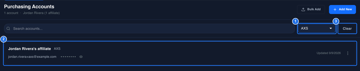 The vendor filter showing AXS, marked 1, the one AXS account card, marked 2, and the Clear button, marked 3