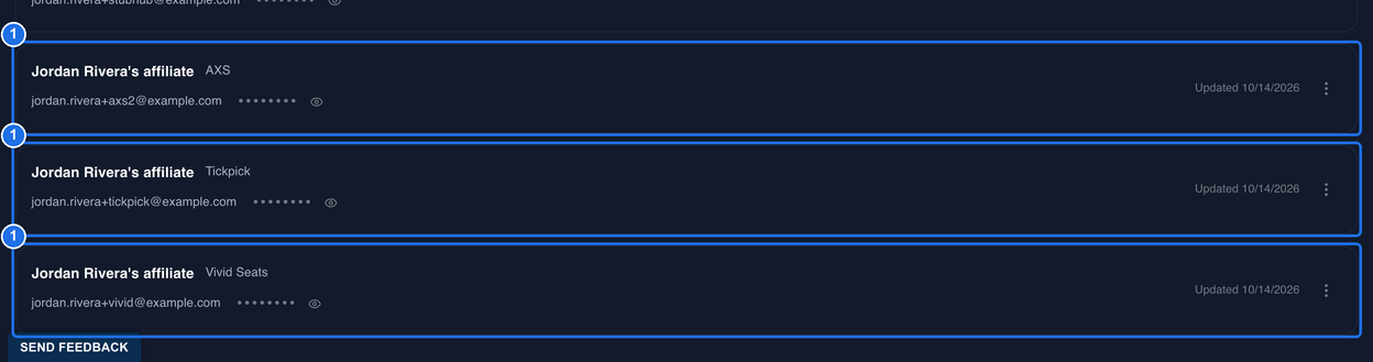 Three new account cards at the end of the list, for AXS, Tickpick and Vivid Seats, each marked 1, each with its login email, hidden password and Updated 10/14/2026 date