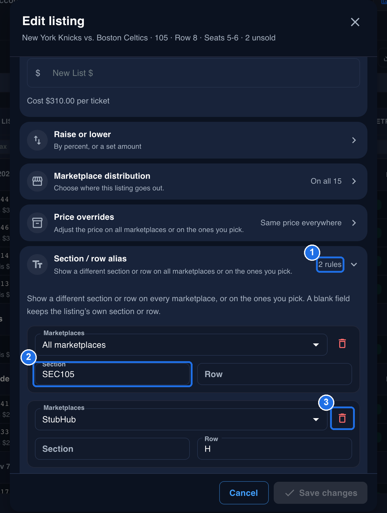 Edit listing opened again, with 2 rules next to Section / row alias marked 1, the saved SEC105 in the Section box of the All marketplaces rule marked 2, and the red bin of the StubHub rule, which has Row H, marked 3
